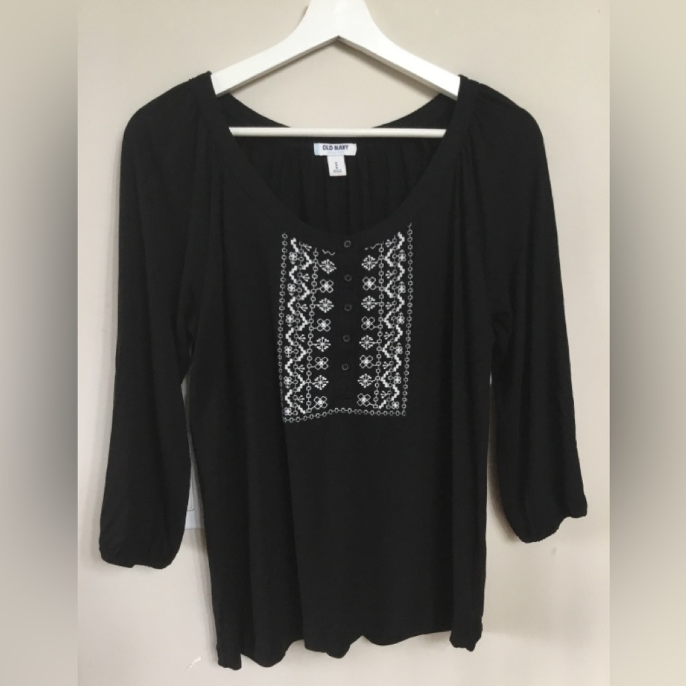 Old Navy Black Long Sleeve Scoop Neck Top with White Embroidery